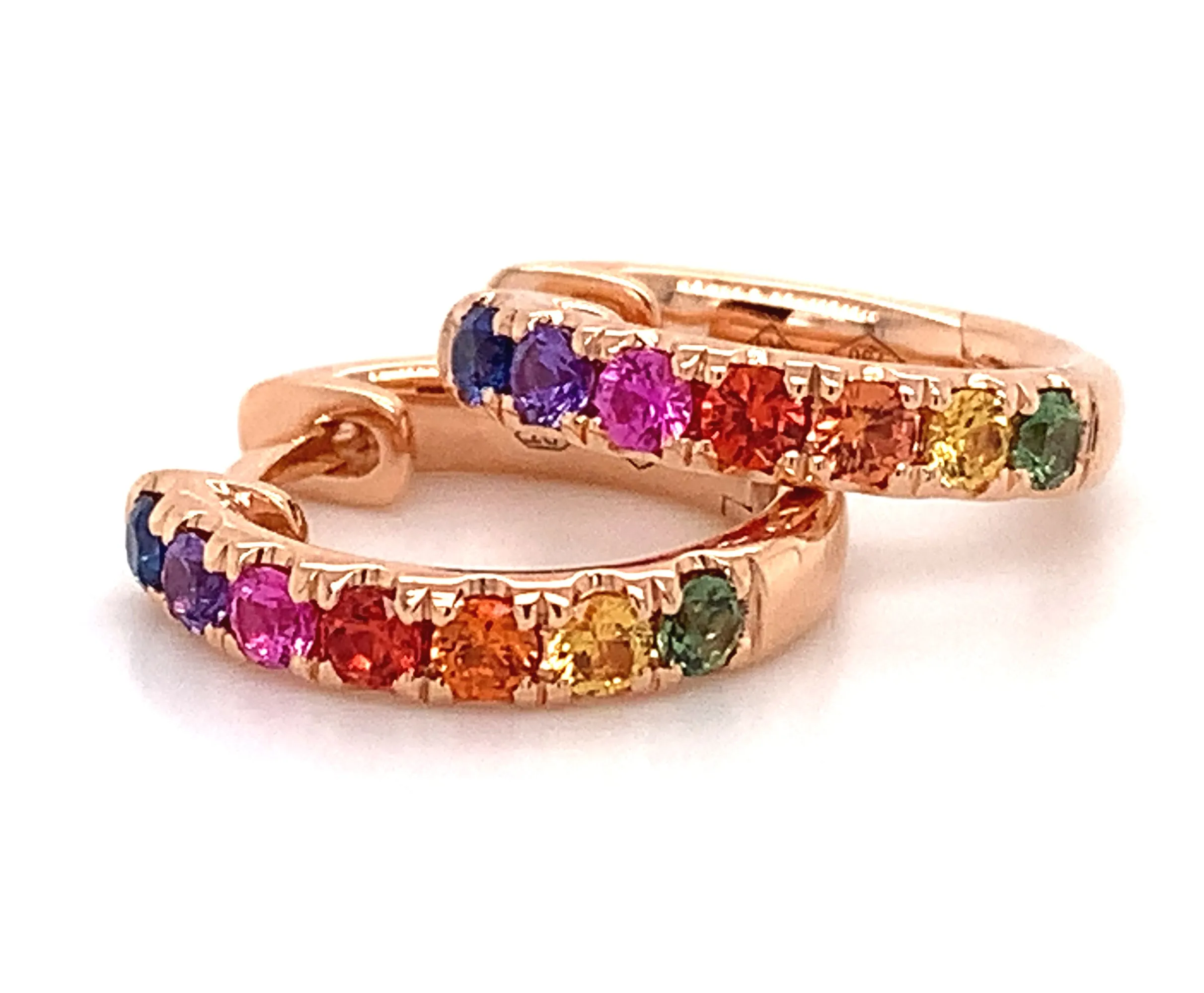 0.80carat Rainbow Sapphire Rose Gold Huggie Hoop Earrings