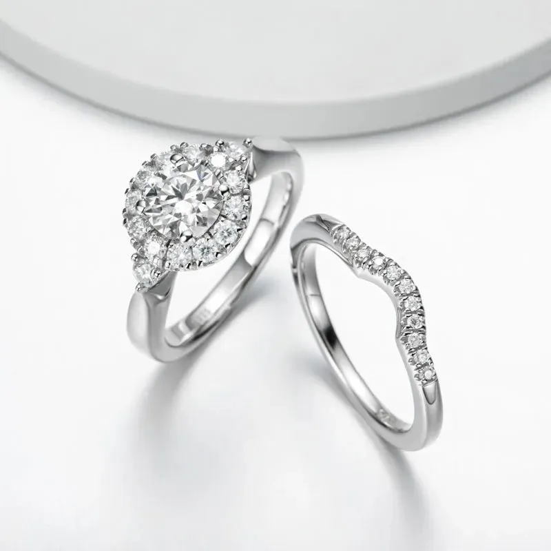 1.0 Ct Round Cut Diamond Halo Engagement Rings Set