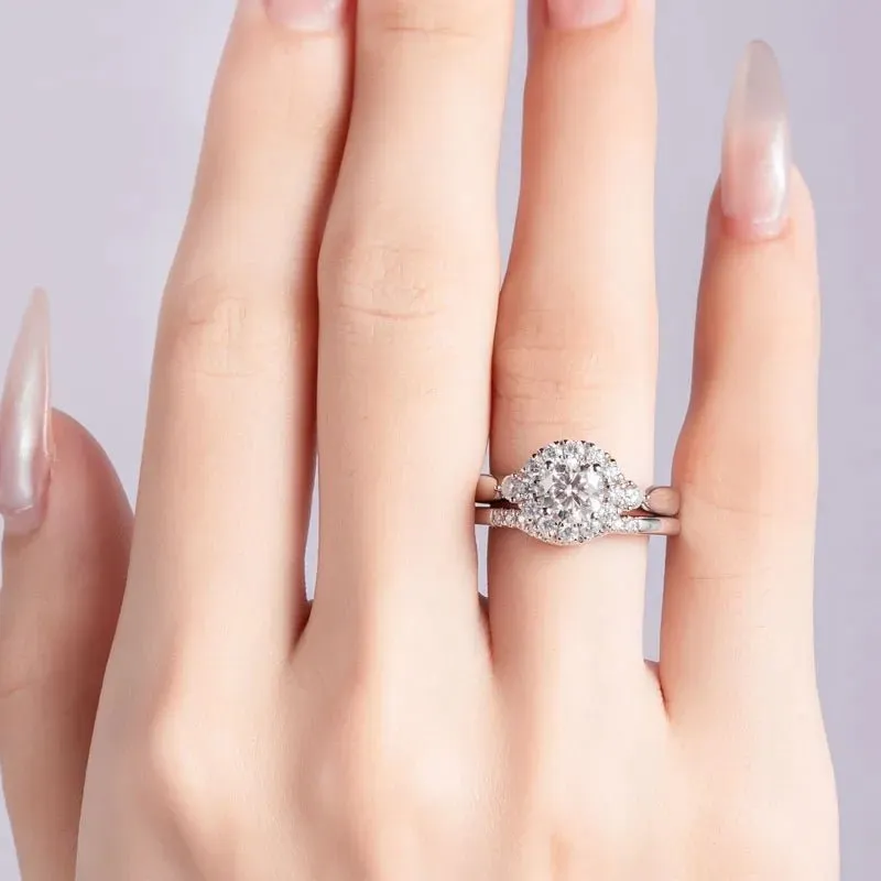 1.0 Ct Round Cut Diamond Halo Engagement Rings Set
