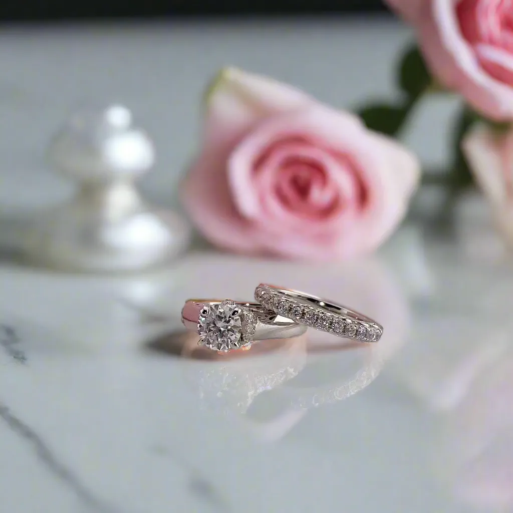 1.0 ct Round Cut Diamond White Gold Solitaire Ring Set
