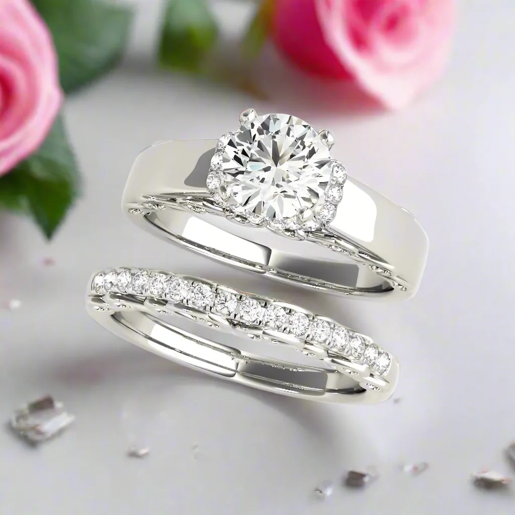 1.0 ct Round Cut Diamond White Gold Solitaire Ring Set