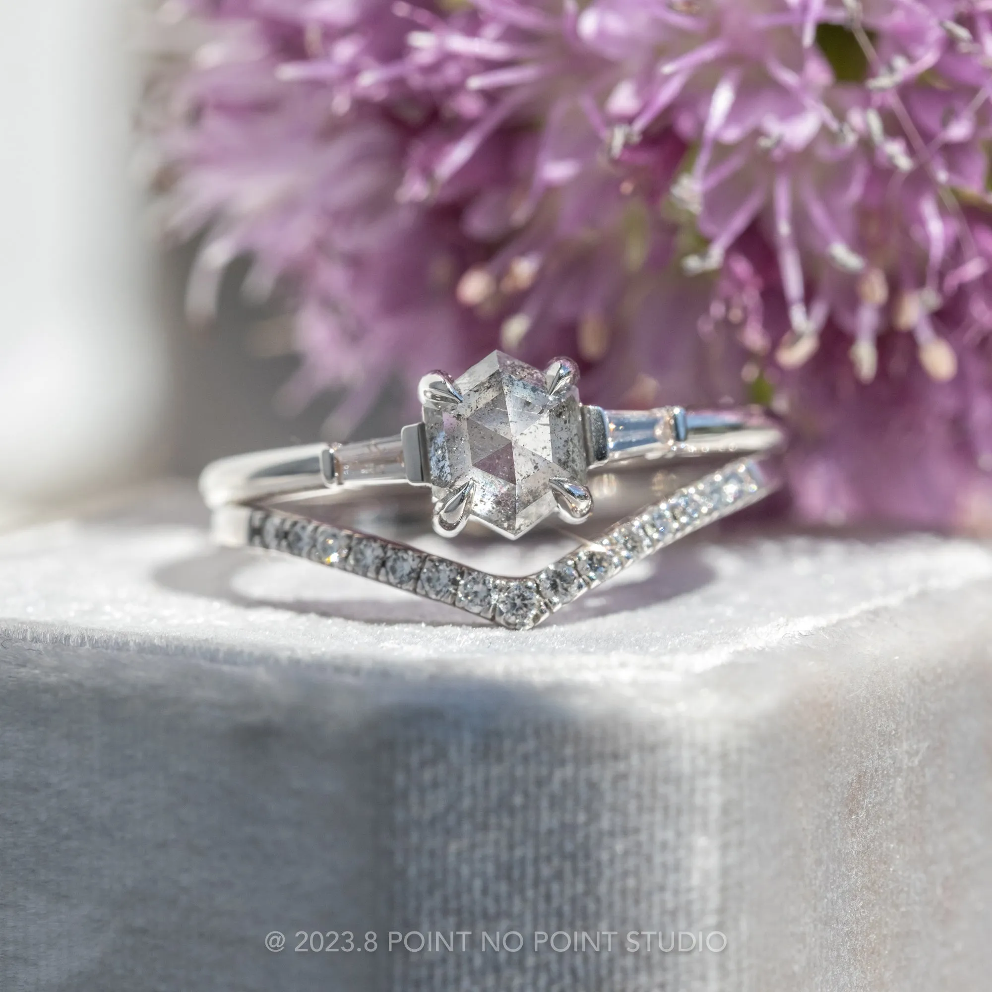 1.01 Carat Salt and Pepper Hexagon Diamond Engagement Ring, Zoe Setting, 14k White Gold