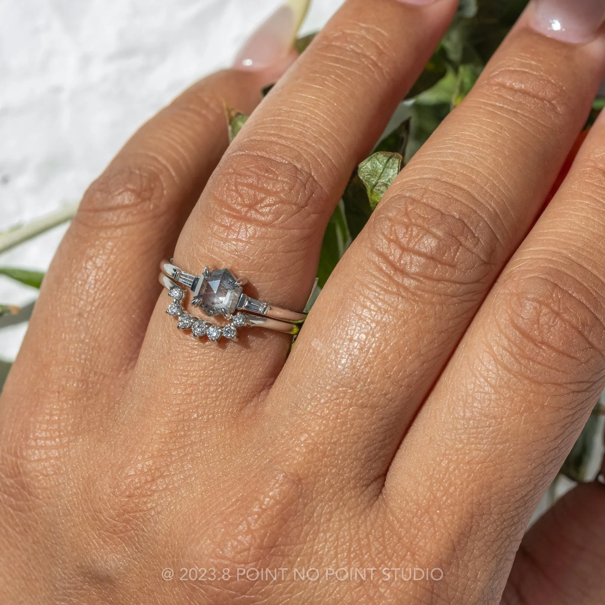1.01 Carat Salt and Pepper Hexagon Diamond Engagement Ring, Zoe Setting, 14k White Gold