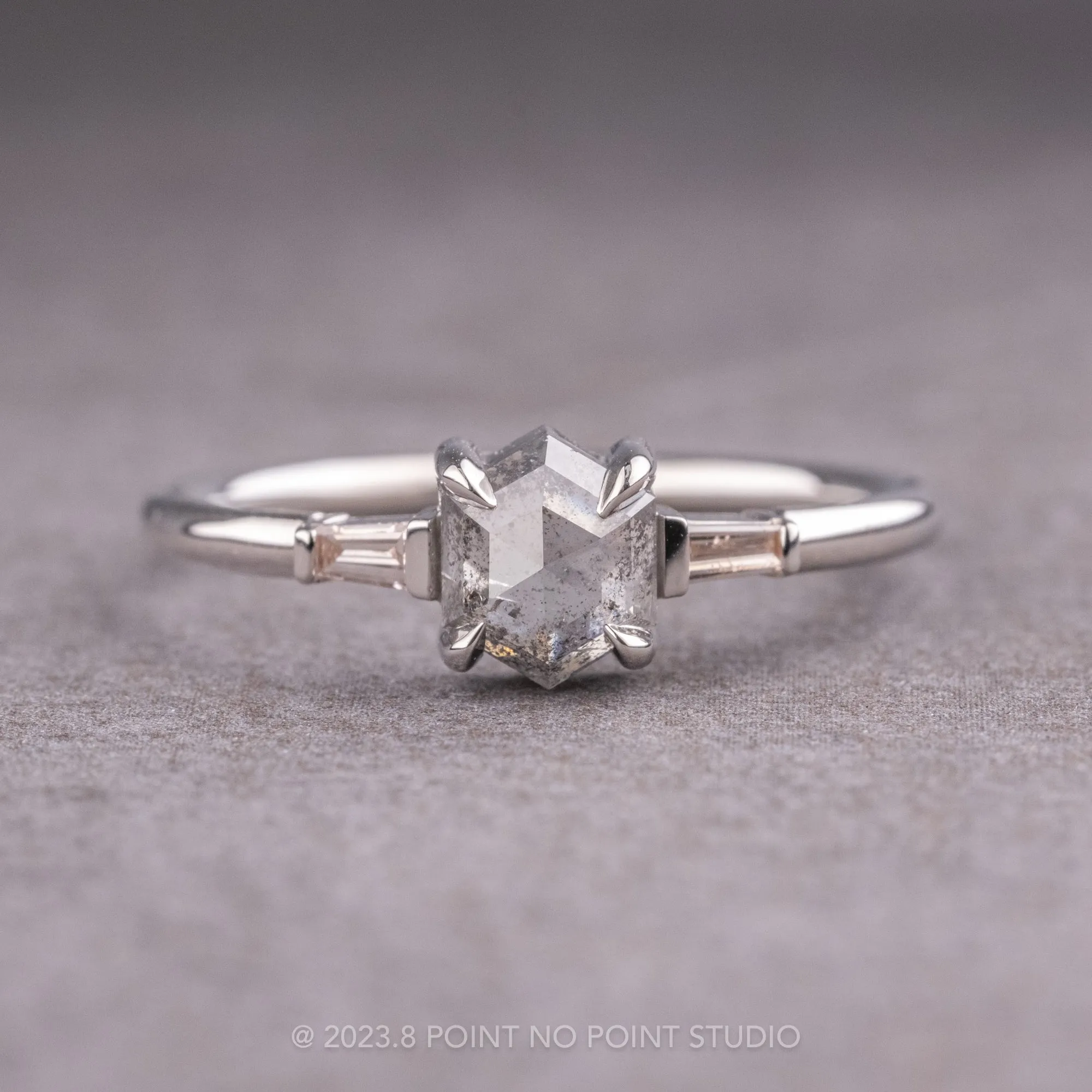 1.01 Carat Salt and Pepper Hexagon Diamond Engagement Ring, Zoe Setting, 14k White Gold