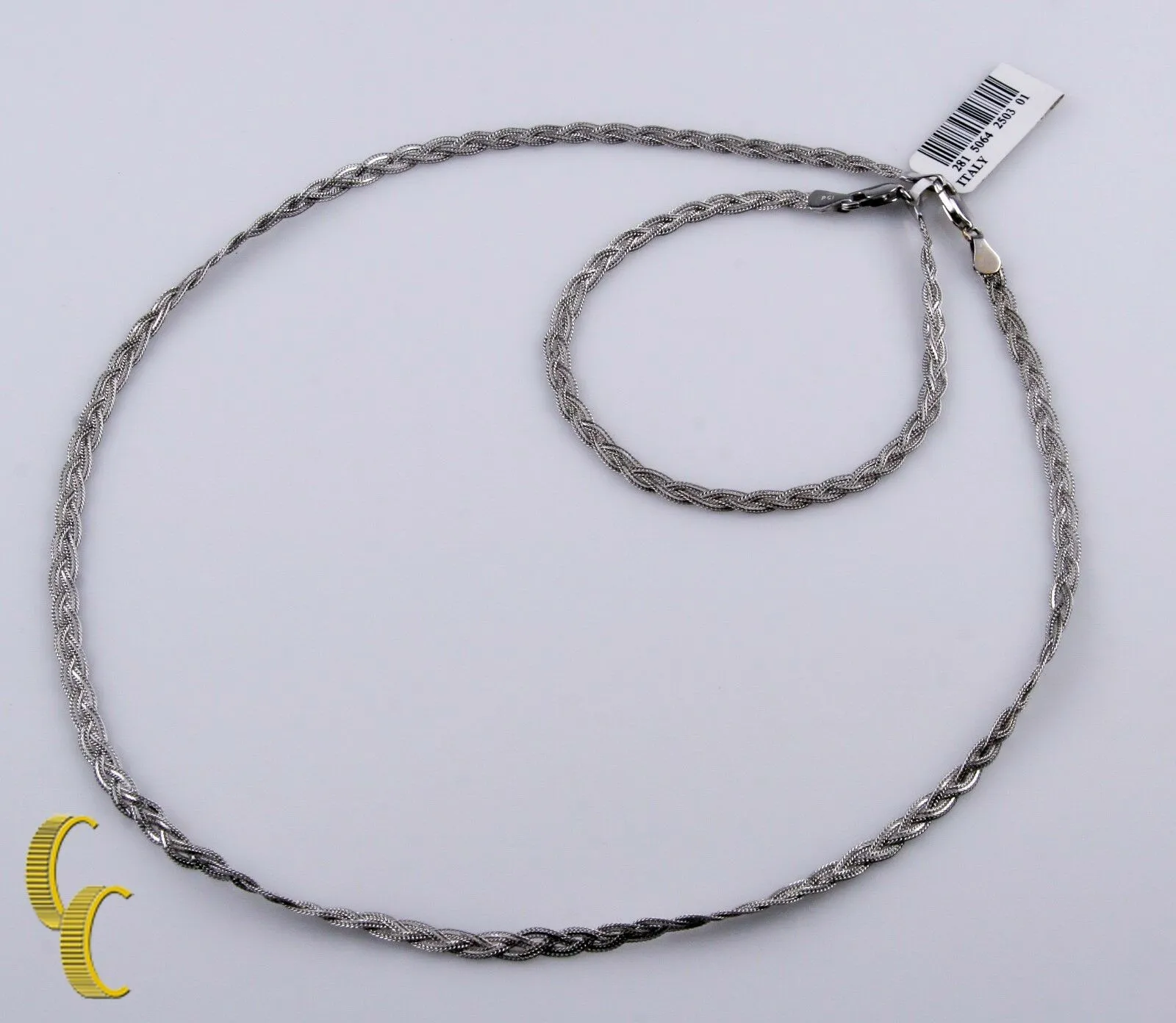 10k White Gold Fox Braid Chain Necklace & Bracelet Jewelry Set