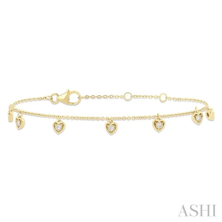 1/10 ctw Hanging Heart Motif Round Cut Diamond Station Bracelet in 10K Yellow Gold