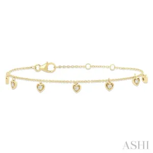 1/10 ctw Hanging Heart Motif Round Cut Diamond Station Bracelet in 10K Yellow Gold