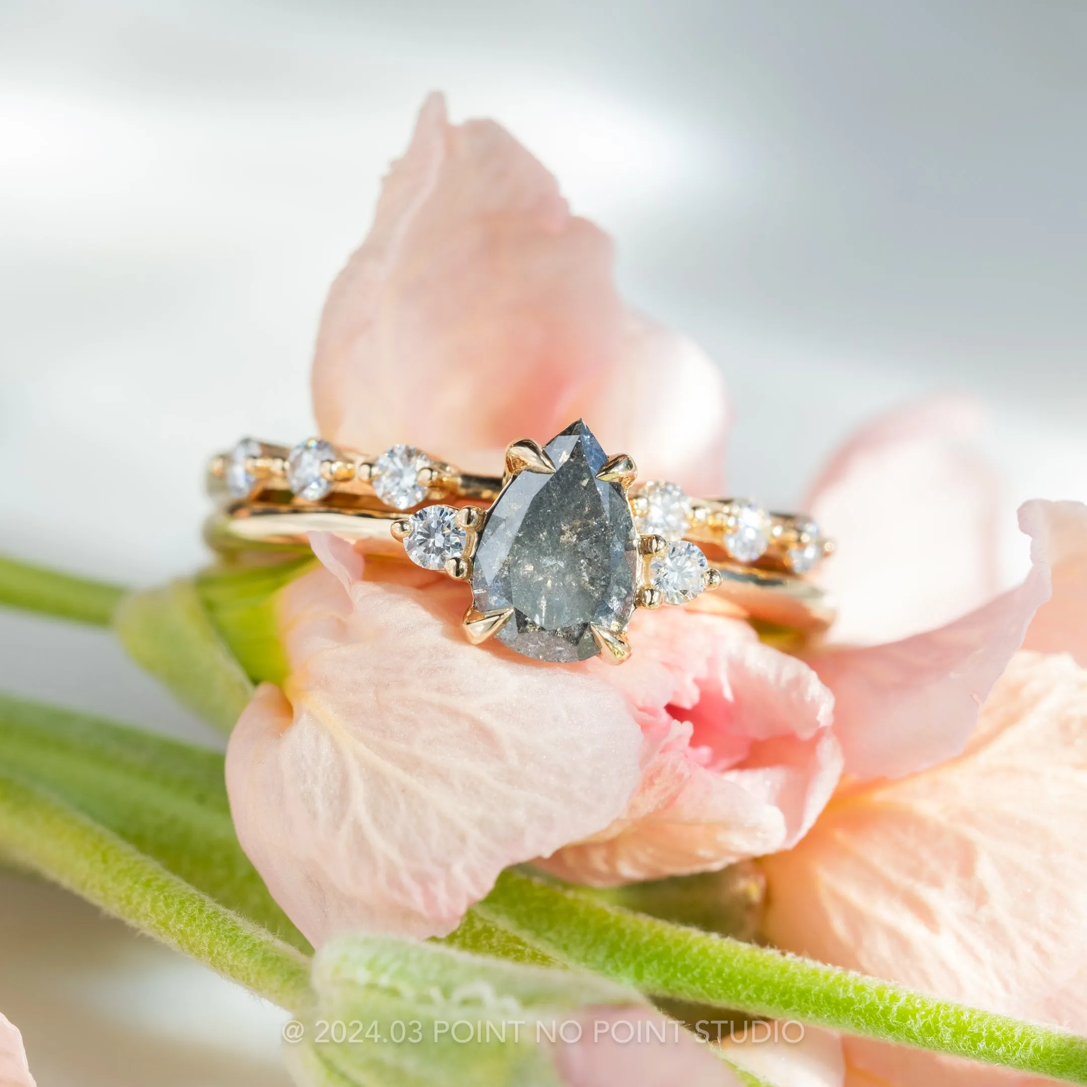 1.14 Carat Salt and Pepper Pear Diamond Engagement Ring, Zoe Setting, 14K Yellow Gold