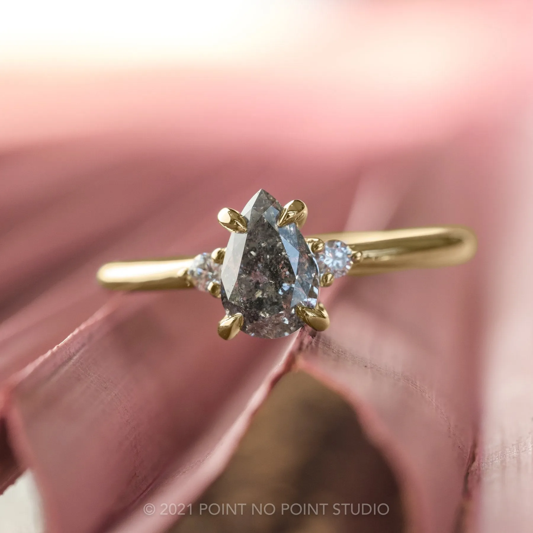 1.14 Carat Salt and Pepper Pear Diamond Engagement Ring, Zoe Setting, 14K Yellow Gold
