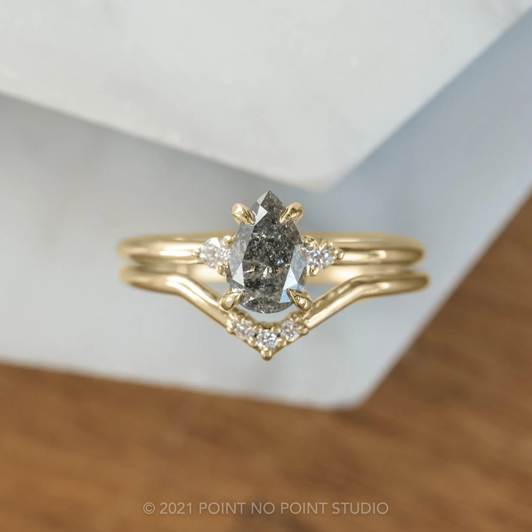 1.14 Carat Salt and Pepper Pear Diamond Engagement Ring, Zoe Setting, 14K Yellow Gold