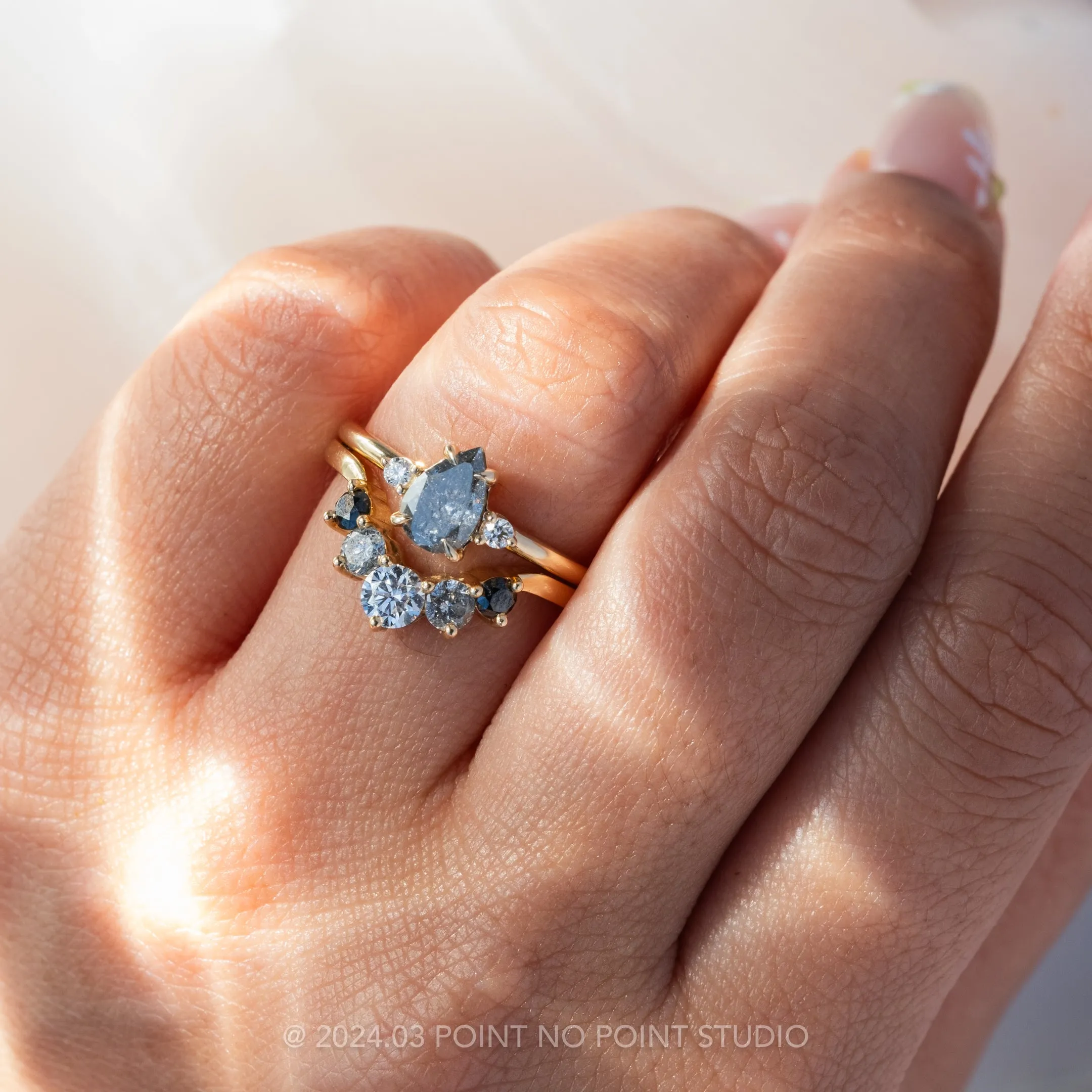 1.14 Carat Salt and Pepper Pear Diamond Engagement Ring, Zoe Setting, 14K Yellow Gold