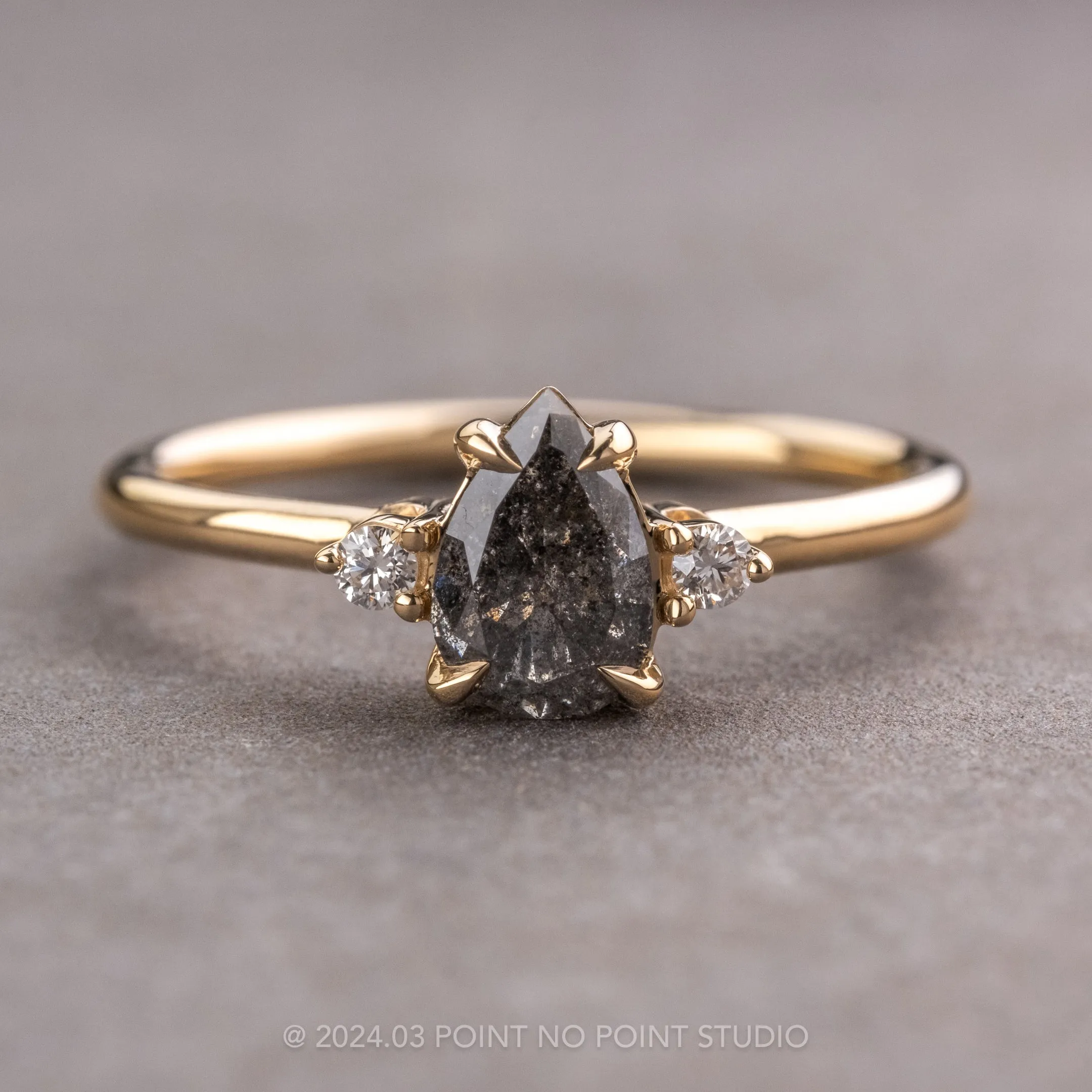 1.14 Carat Salt and Pepper Pear Diamond Engagement Ring, Zoe Setting, 14K Yellow Gold