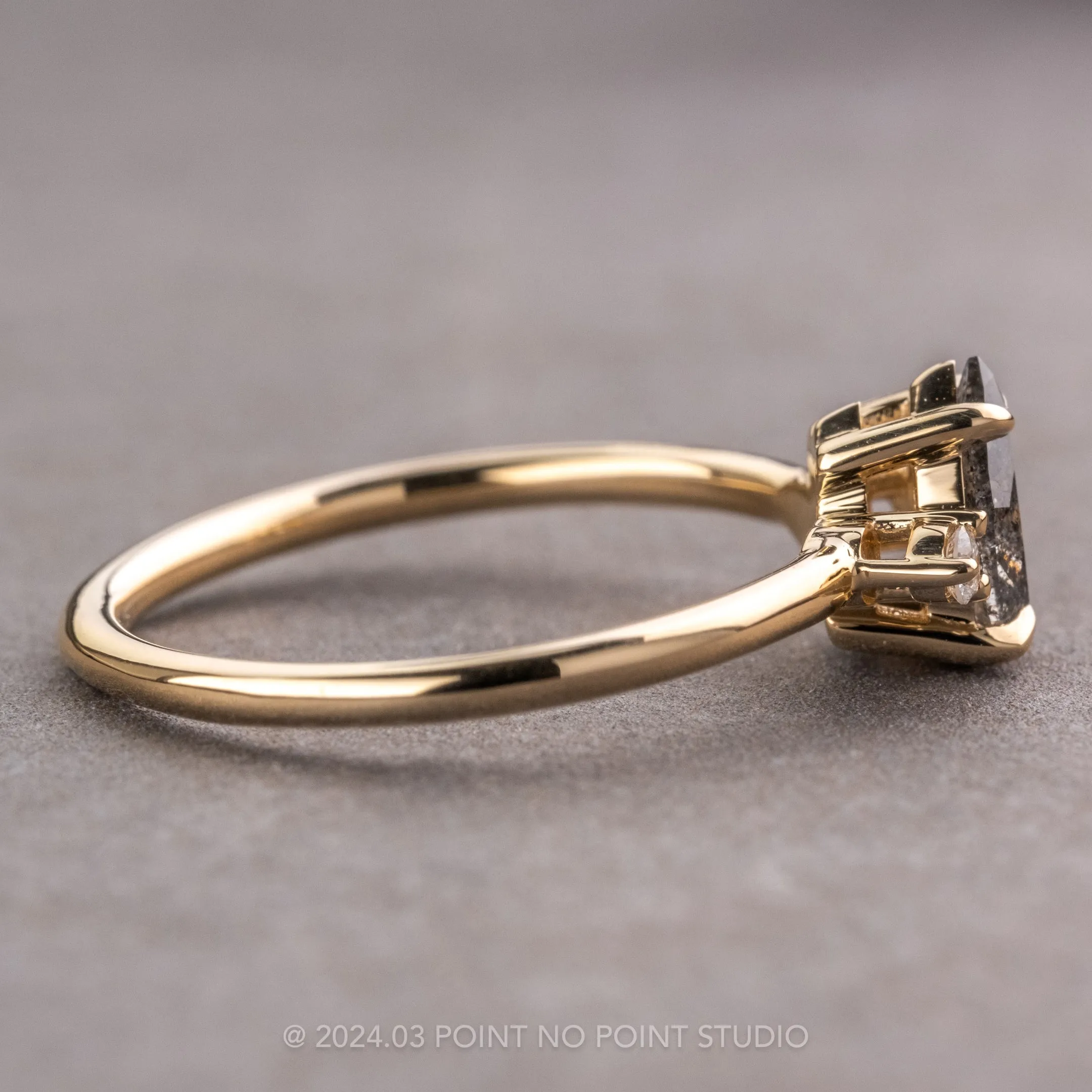 1.14 Carat Salt and Pepper Pear Diamond Engagement Ring, Zoe Setting, 14K Yellow Gold