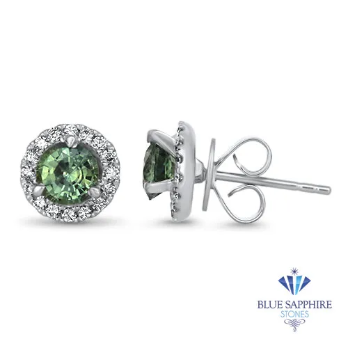 1.25ctw Round Green Sapphire Earrings with diamond halo in 18K White Gold