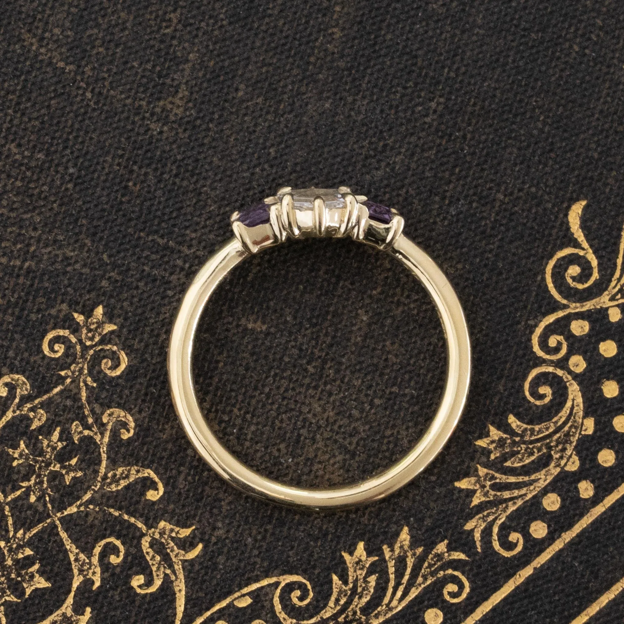 1.33ctw Portrait Cut Diamond & Purple Sapphire Trilogy Ring