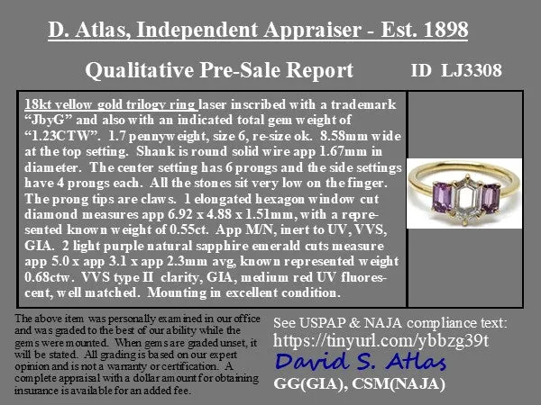 1.33ctw Portrait Cut Diamond & Purple Sapphire Trilogy Ring