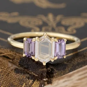 1.33ctw Portrait Cut Diamond & Purple Sapphire Trilogy Ring