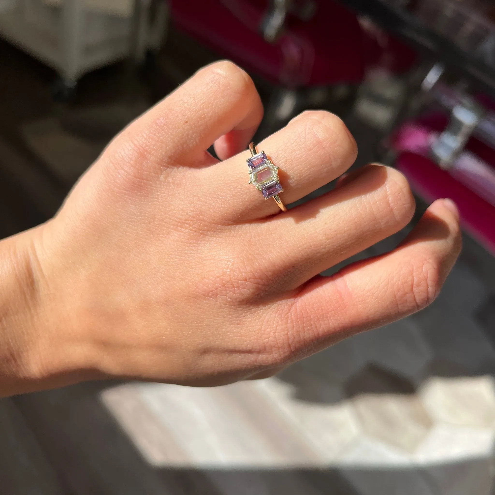 1.33ctw Portrait Cut Diamond & Purple Sapphire Trilogy Ring