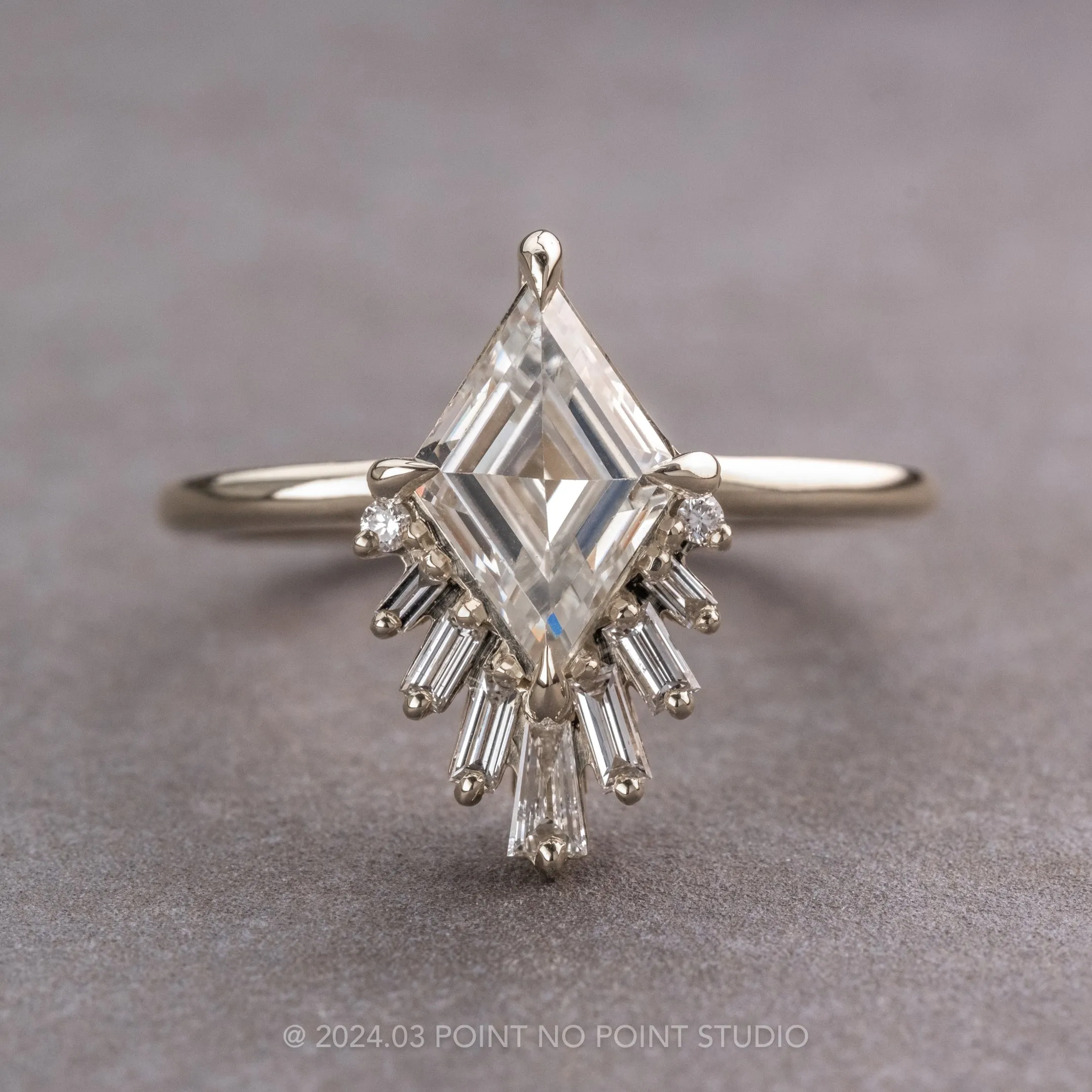 1.40 Carat Lozenge Moissanite and Diamond Engagement Ring, Wren Setting, Platinum