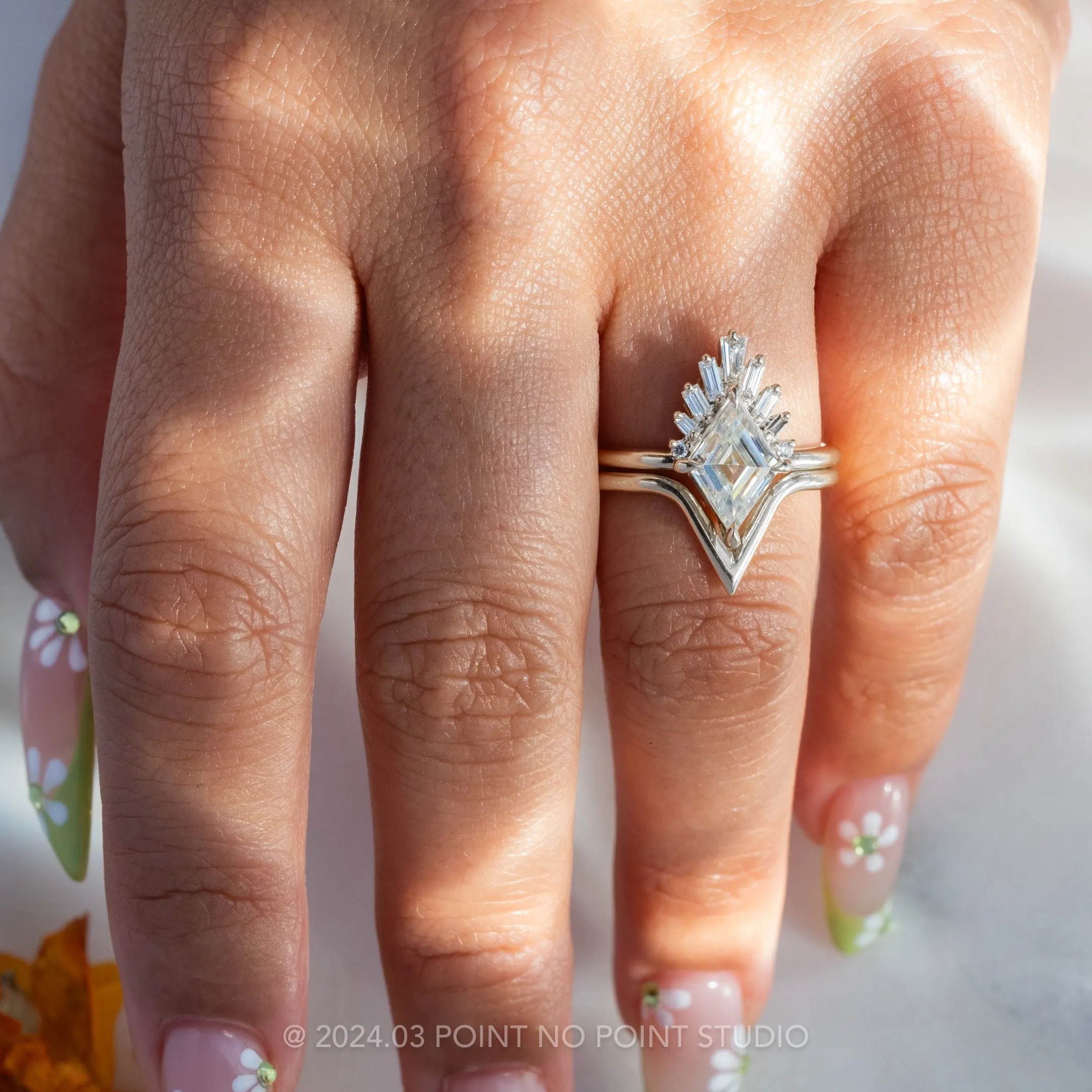 1.40 Carat Lozenge Moissanite and Diamond Engagement Ring, Wren Setting, Platinum