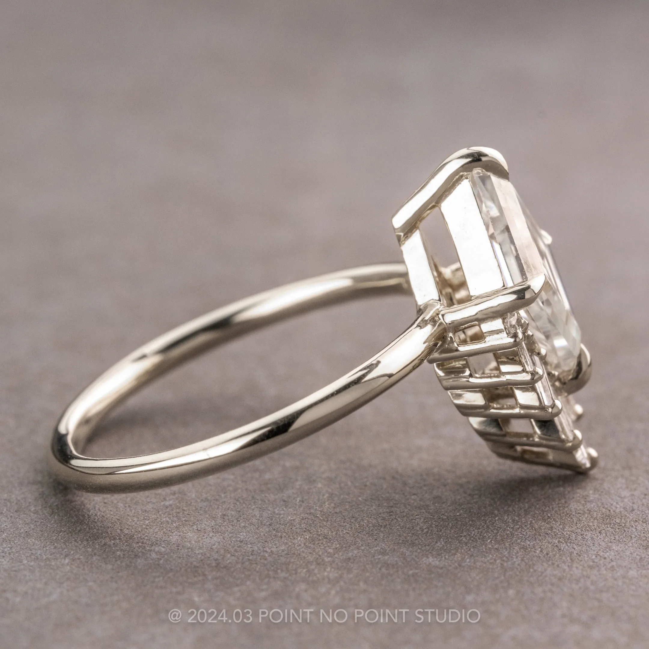 1.40 Carat Lozenge Moissanite and Diamond Engagement Ring, Wren Setting, Platinum