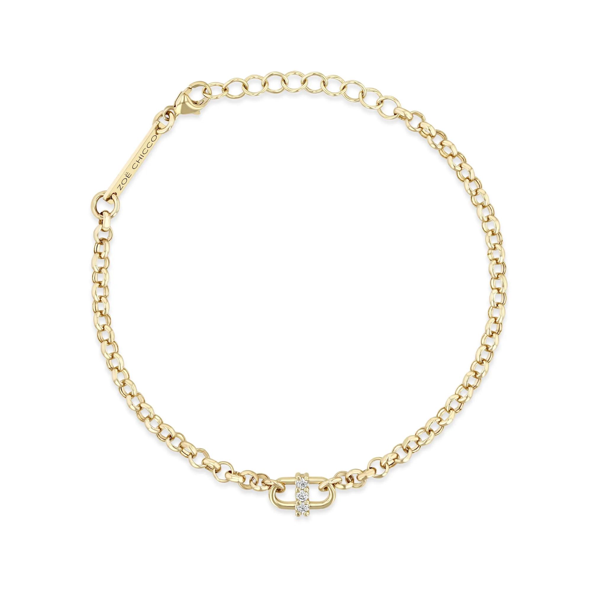 14k 3 Prong Diamond Open Link Medium Rolo Chain Bracelet