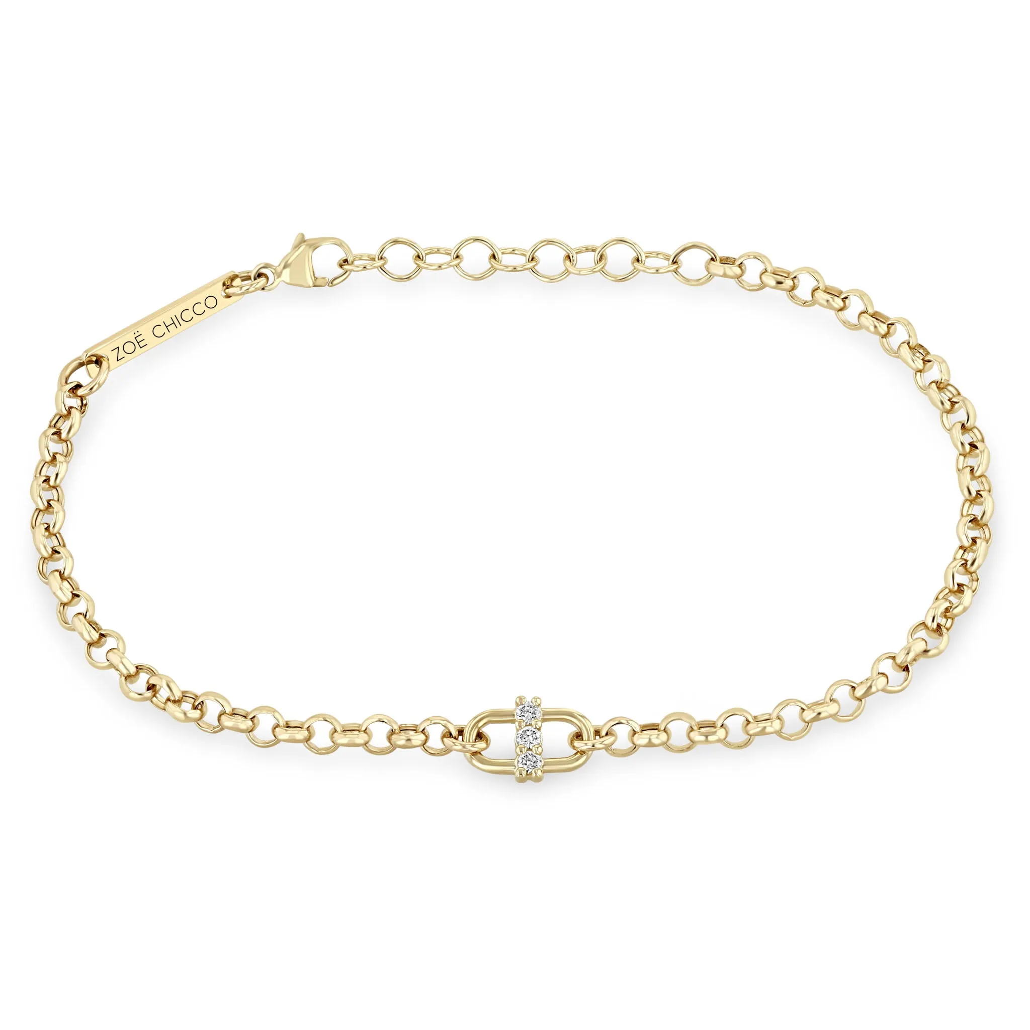 14k 3 Prong Diamond Open Link Medium Rolo Chain Bracelet