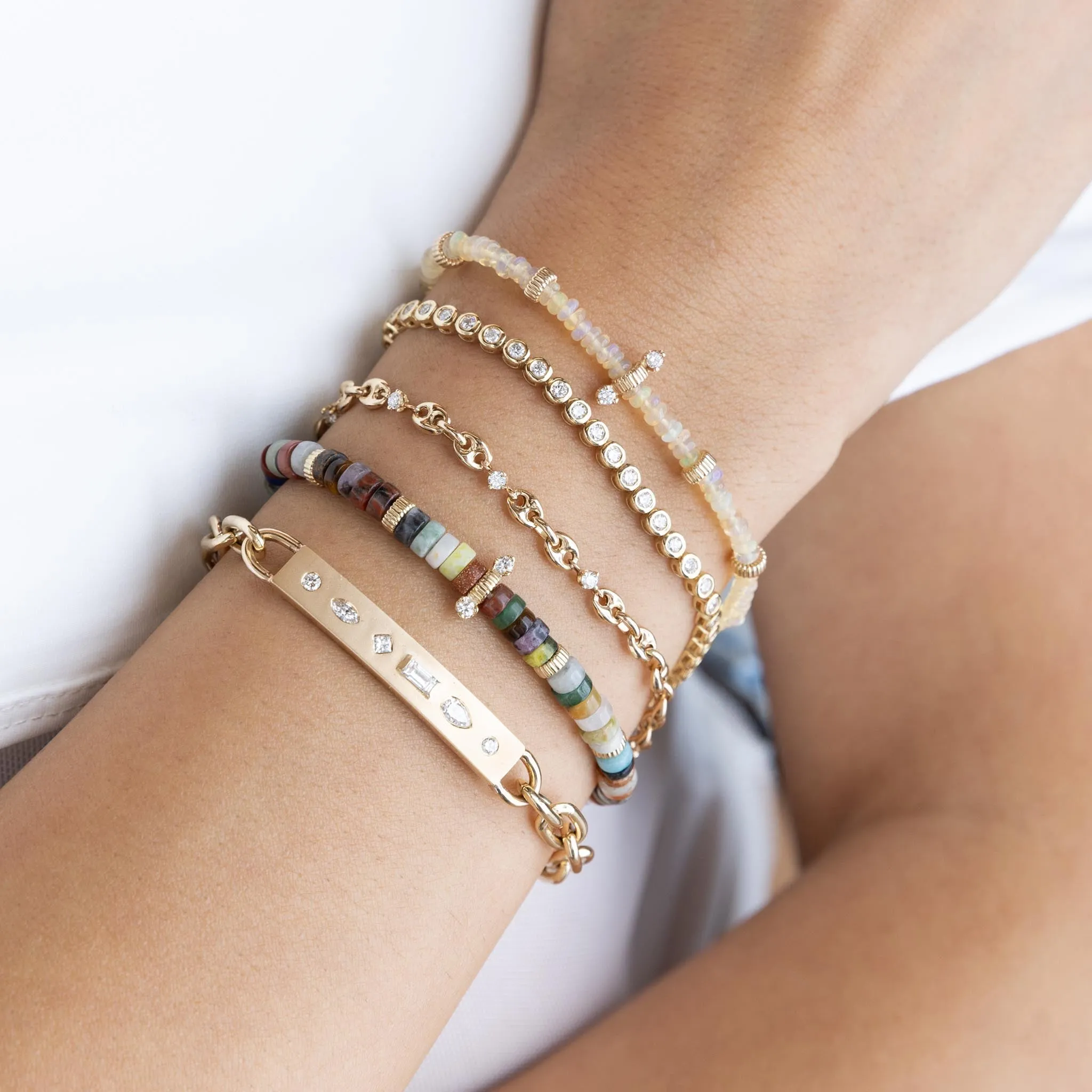 14k Diamond Mosaic Brushed Gold Horizontal ID Bar Bracelet