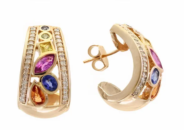 14K EFFY YG 2.10 CT Multicolor Sapphire J-Hoop Earrings