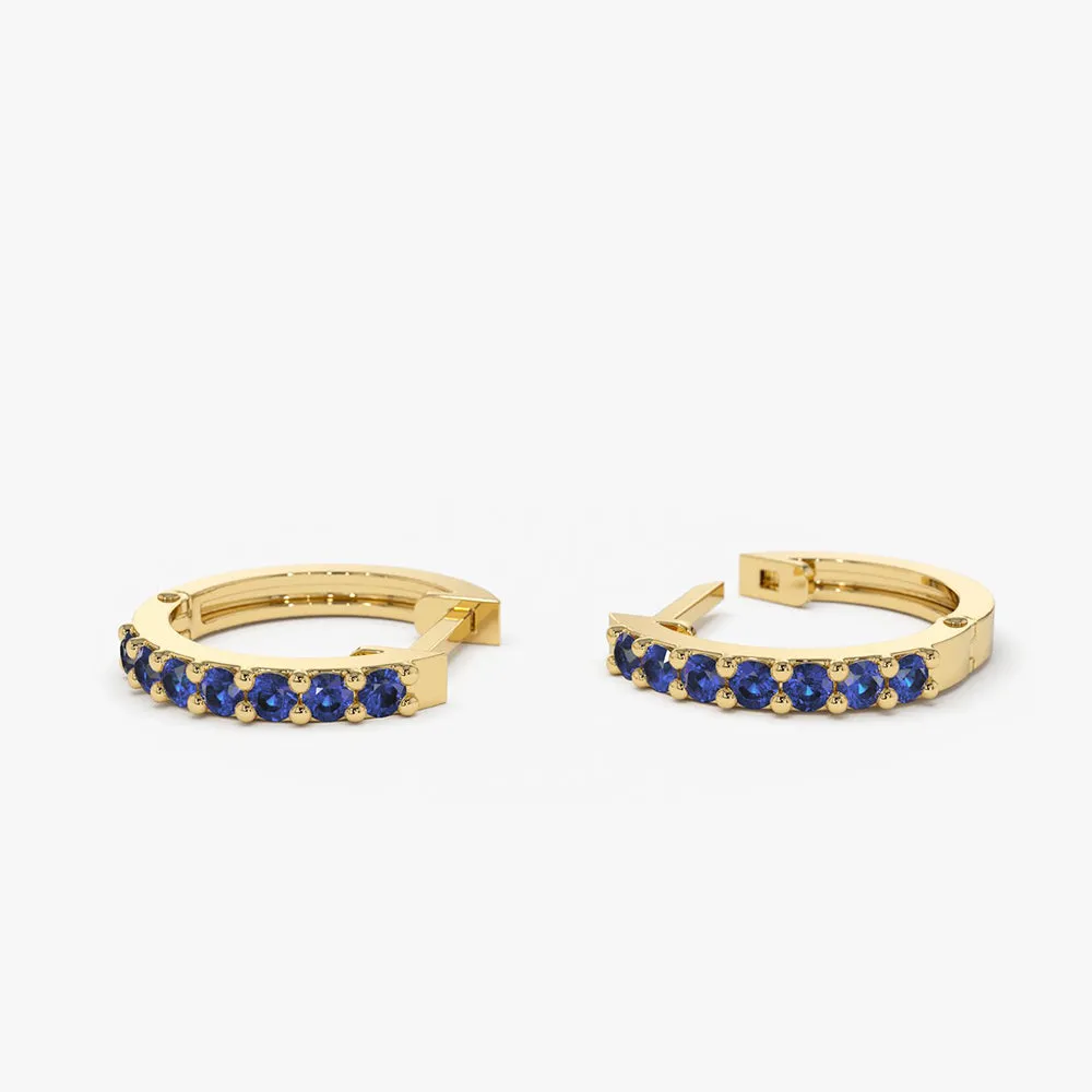 14K Gold Sapphire Huggie Hoop Earrings