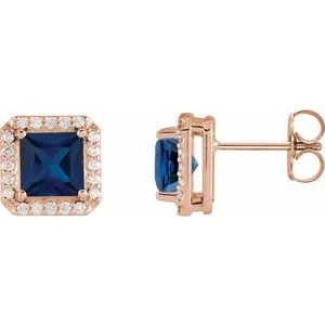 14K Rose Lab-Grown Blue Sapphire & .08 CTW Natural Diamond Halo-Style Earrings
