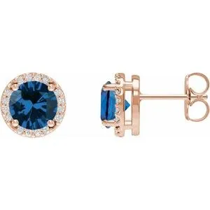 14K Rose Lab-Grown Blue Sapphire & 1/10 CTW Natural Diamond Halo-Style Earrings