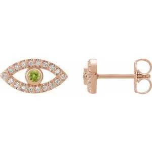 14K Rose Natural Peridot & Natural White Sapphire Evil Eye Earrings