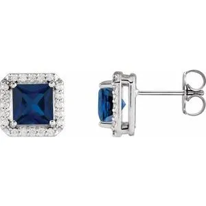 14K White 5x5 mm Lab-Grown Blue Sapphire 1/6 CTW Natural Diamond Halo-Style Earrings