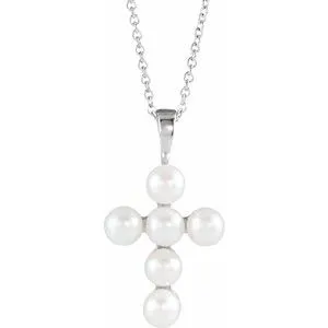 14K White Freshwater Cultured Pearl Cross 16-18" Necklace