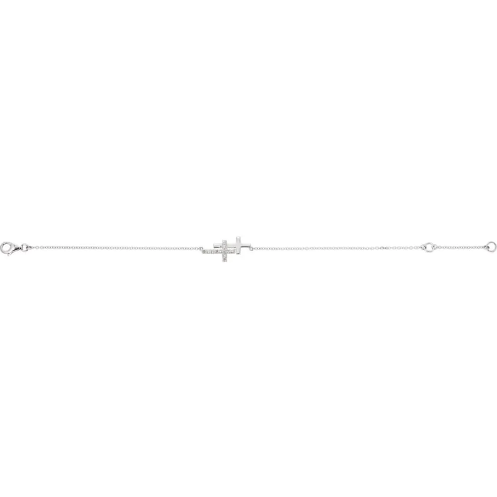 14k White Gold 1/6 CTW Diamond Double Sideways Cross 8" Bracelet