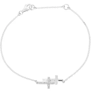 14k White Gold 1/6 CTW Diamond Double Sideways Cross 8" Bracelet