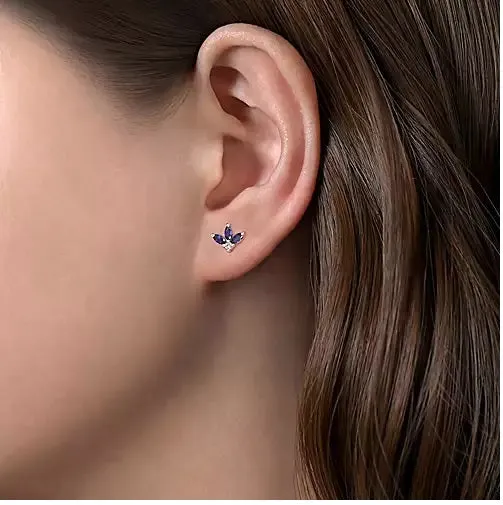 14K White Gold .69cttw Sapphire & .05cttw Diamond Leaf Shape Stud Earrings.