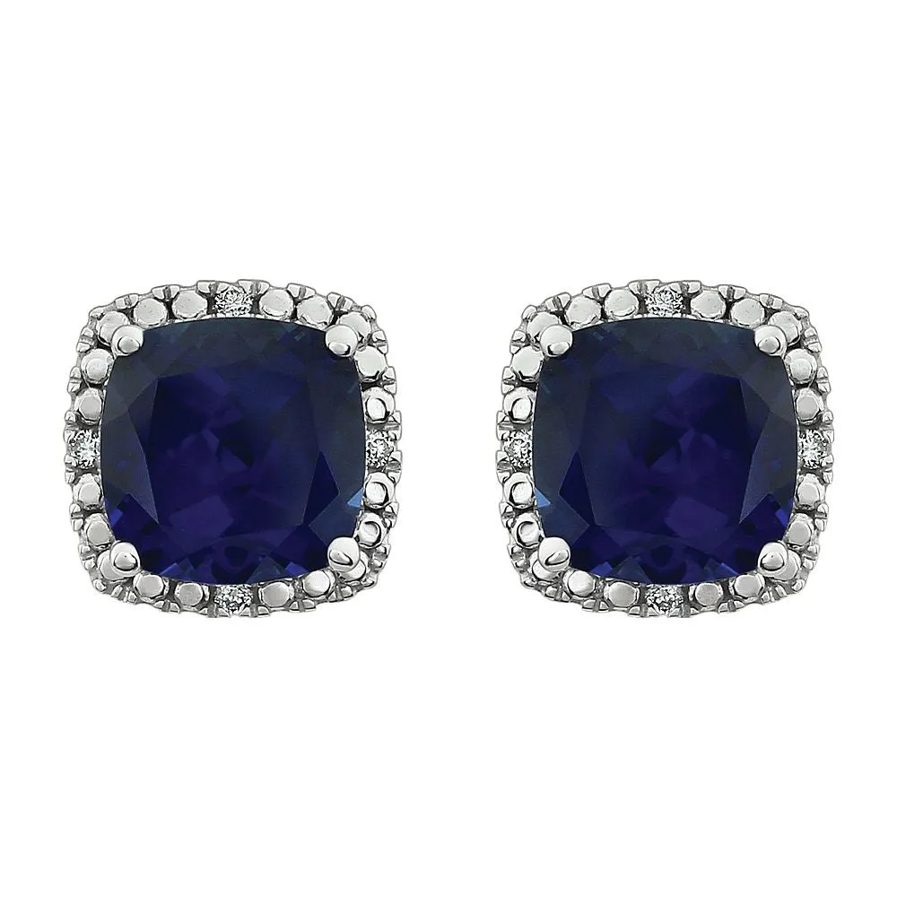 14k White Gold Created Blue Sapphire & .06 CTW Diamond Earrings