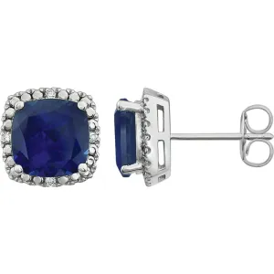 14k White Gold Created Blue Sapphire & .06 CTW Diamond Earrings