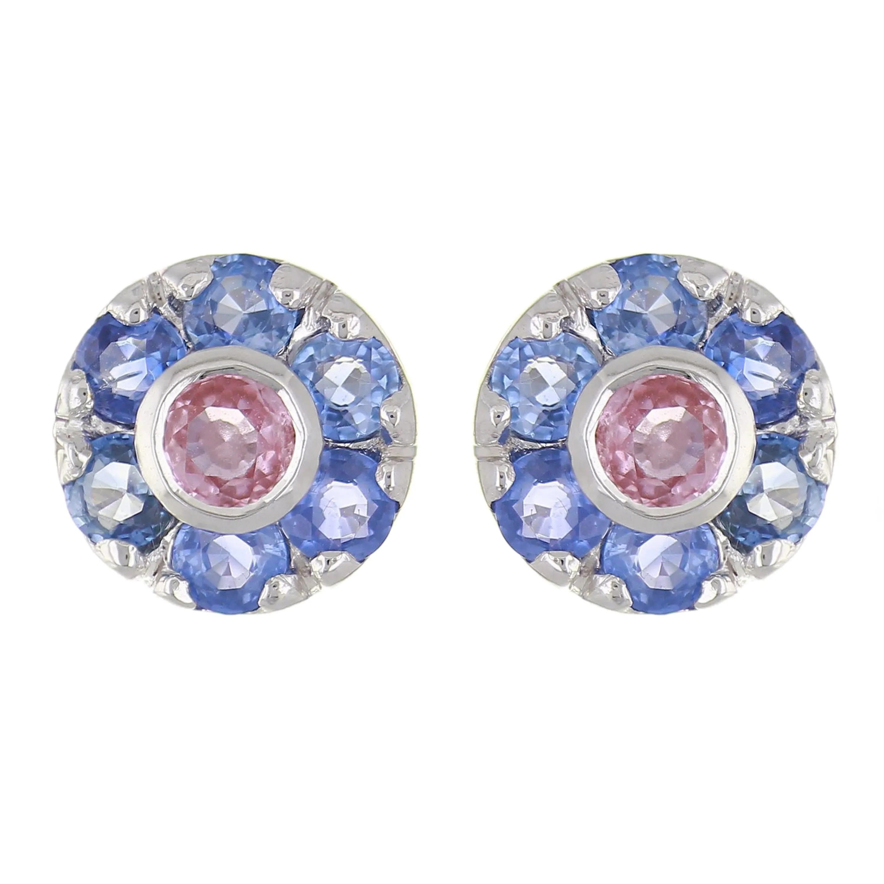 14k White Gold Pink & Blue Sapphire Flower Cluster Stud Earrings