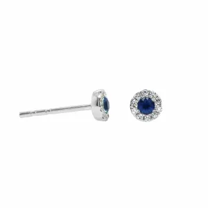 14K White Gold Round Sapphire and Diamond Halo Stud Earrings