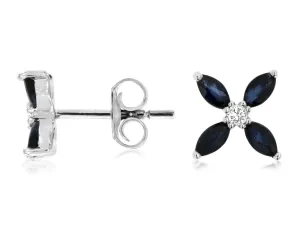14K White Gold Sapphire Flower & Diamond Stud Earrings
