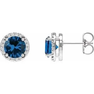 14K White Lab-Grown Blue Sapphire & .05 CTW Natural Diamond Halo-Style Earrings