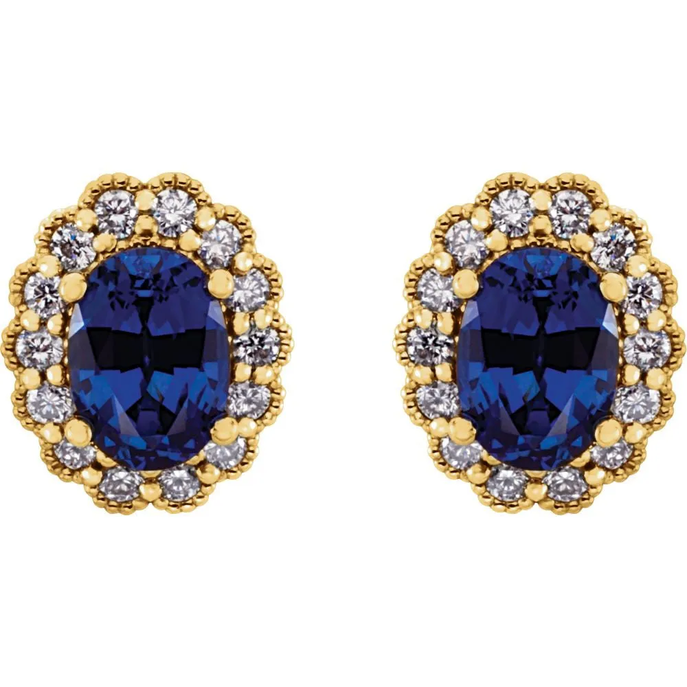 14k Yellow Gold Chatham® Created Blue Sapphire & 3/8 CTW Diamond Earrings