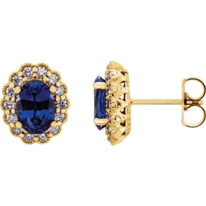 14k Yellow Gold Chatham® Created Blue Sapphire & 3/8 CTW Diamond Earrings