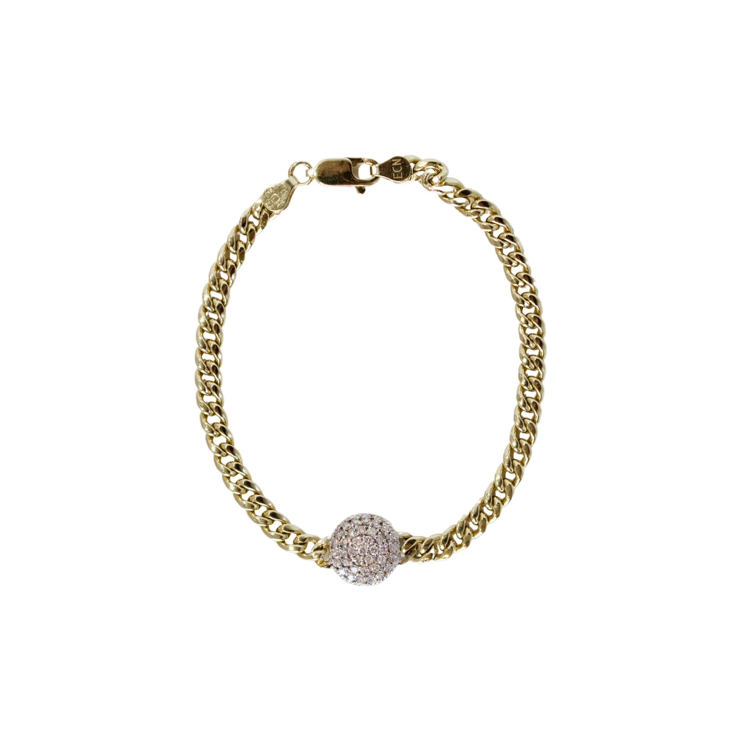 14k Yellow Gold Curb Link and Pave Diamond Center Bracelet