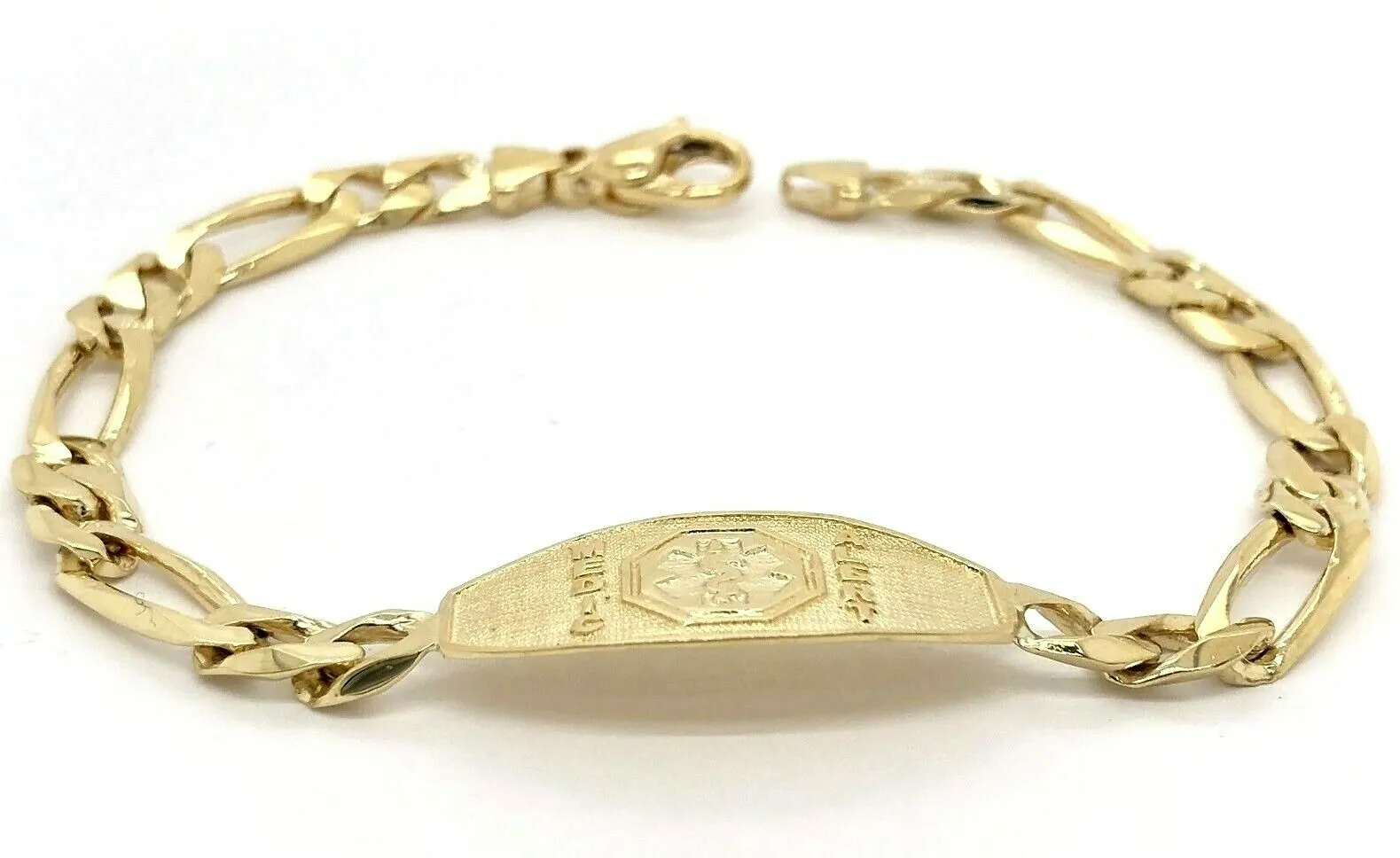 14k Yellow Gold Figaro Link Chain Medical Alert ID Bracelet 7" - 9" 13.5mm