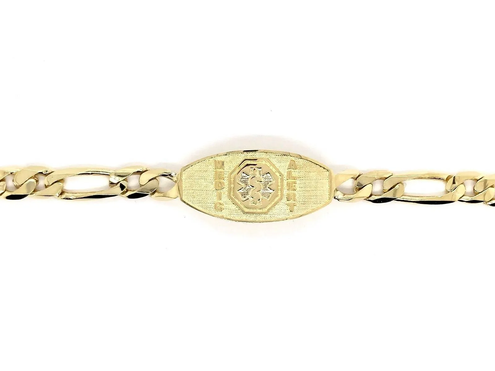 14k Yellow Gold Figaro Link Chain Medical Alert ID Bracelet 7" - 9" 13.5mm