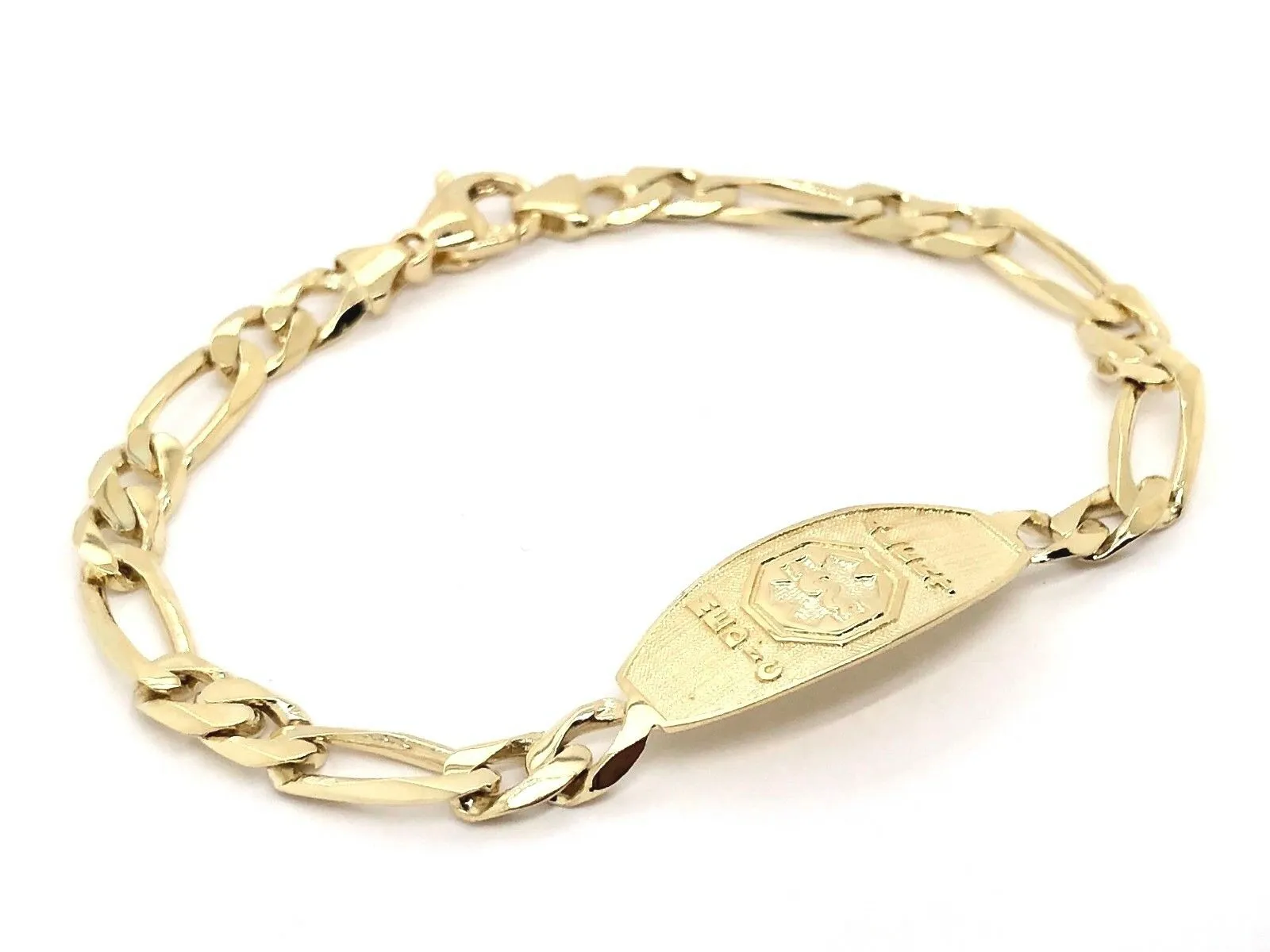 14k Yellow Gold Figaro Link Chain Medical Alert ID Bracelet 7" - 9" 13.5mm
